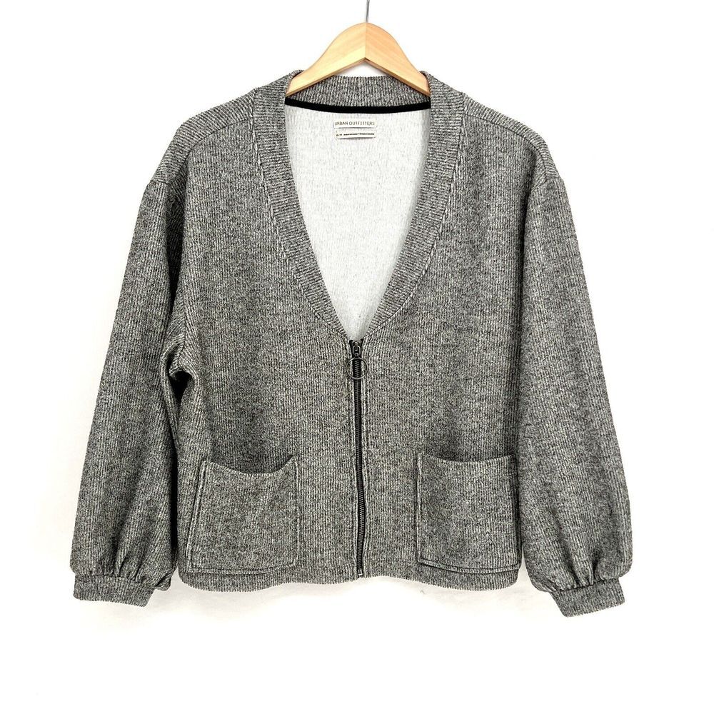 Urban Outfitters Gray Zip Cardigan Pockets Balloon Sleeve Women Size XS Cropped
